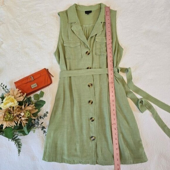 Zenobia Women's Mini Dress Size 1XL Light Green Button Down Sleeveless Tie Belt - Picture 8 of 16